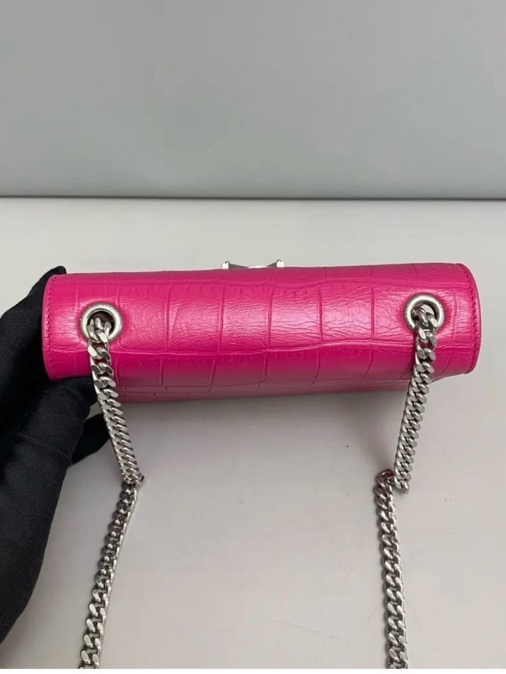 🔥Saint Laurent Fuchsia Croc-Embossed Kate Tassle Bag Small full inclusion🔥 - Picture 8 of 16